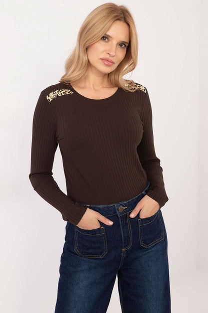 Elegant fitted ribbed blouse with animal motif and button detail by Relevance, featuring long sleeves, classic round neckline, made from high-quality cotton and spandex, perfect for casual and work wear.
