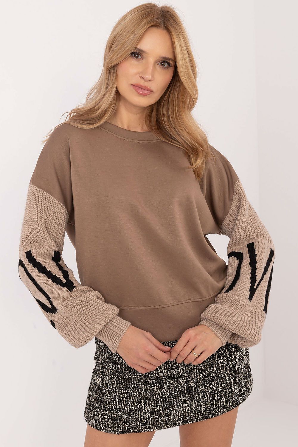 Luxurious women's casual sweatshirt by Italy Moda in minimalist style, showcasing soft polyester blend fabric and elegant round neckline, ideal for chic everyday wear.