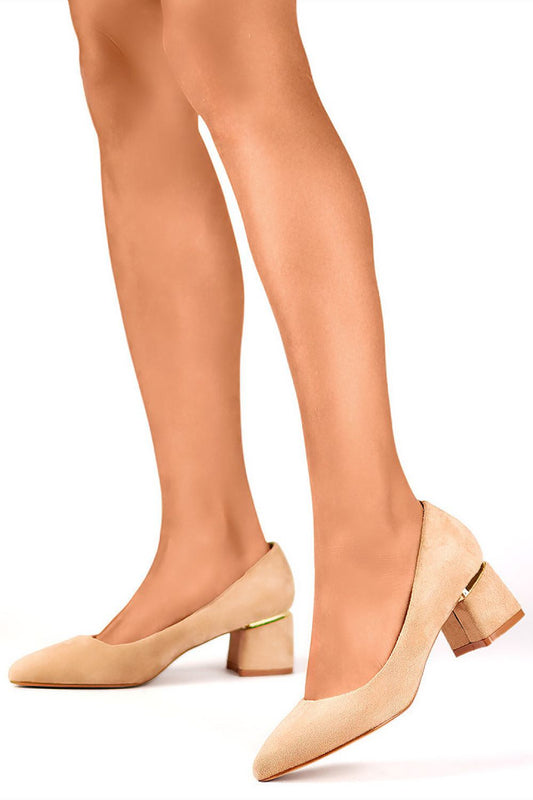 Elegant beige block heel pumps by PRIMO, crafted from eco-friendly suede with a natural leather lining, showcasing a 6 cm pillar heel for comfort and style.