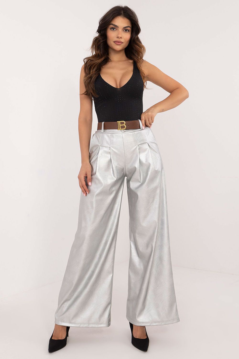 Luxury eco leather wide leg trousers for women with a buckled waistband, designed by Italy Moda, showcasing an elegant modern silhouette perfect for both work and casual styling.