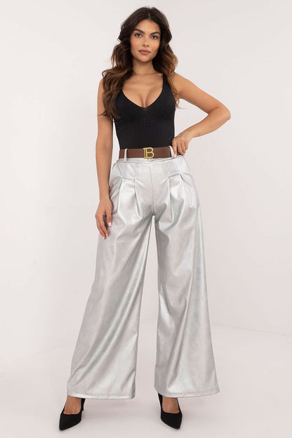 Luxury eco leather wide leg trousers for women with a buckled waistband, designed by Italy Moda, showcasing an elegant modern silhouette perfect for both work and casual styling.