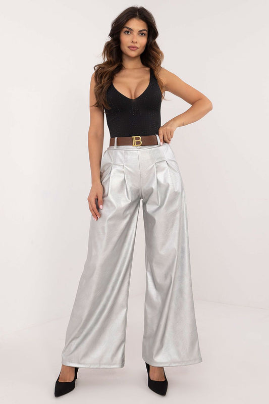 Luxury eco leather wide leg trousers for women with a buckled waistband, designed by Italy Moda, showcasing an elegant modern silhouette perfect for both work and casual styling.