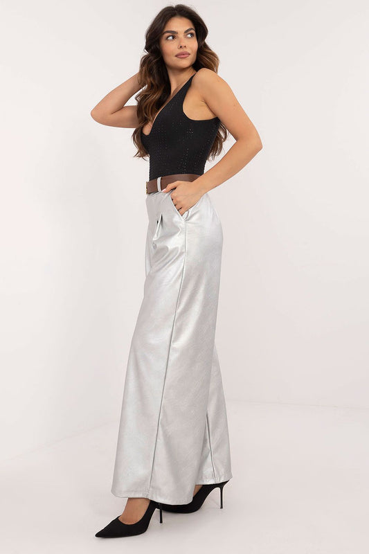 Close-up of the luxurious buckled waistband detail on Italy Moda's eco leather high rise trousers, highlighting the stylish wide-leg design and refined craftsmanship.