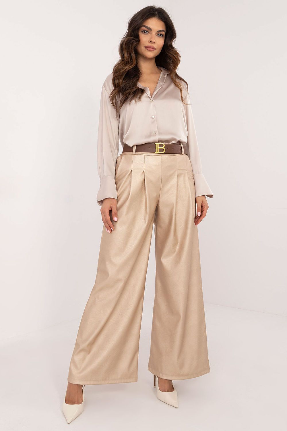 Close-up of Buckled Waistband on Luxury Eco Leather Trousers by Italy Moda, showcasing modern fashion and comfort.