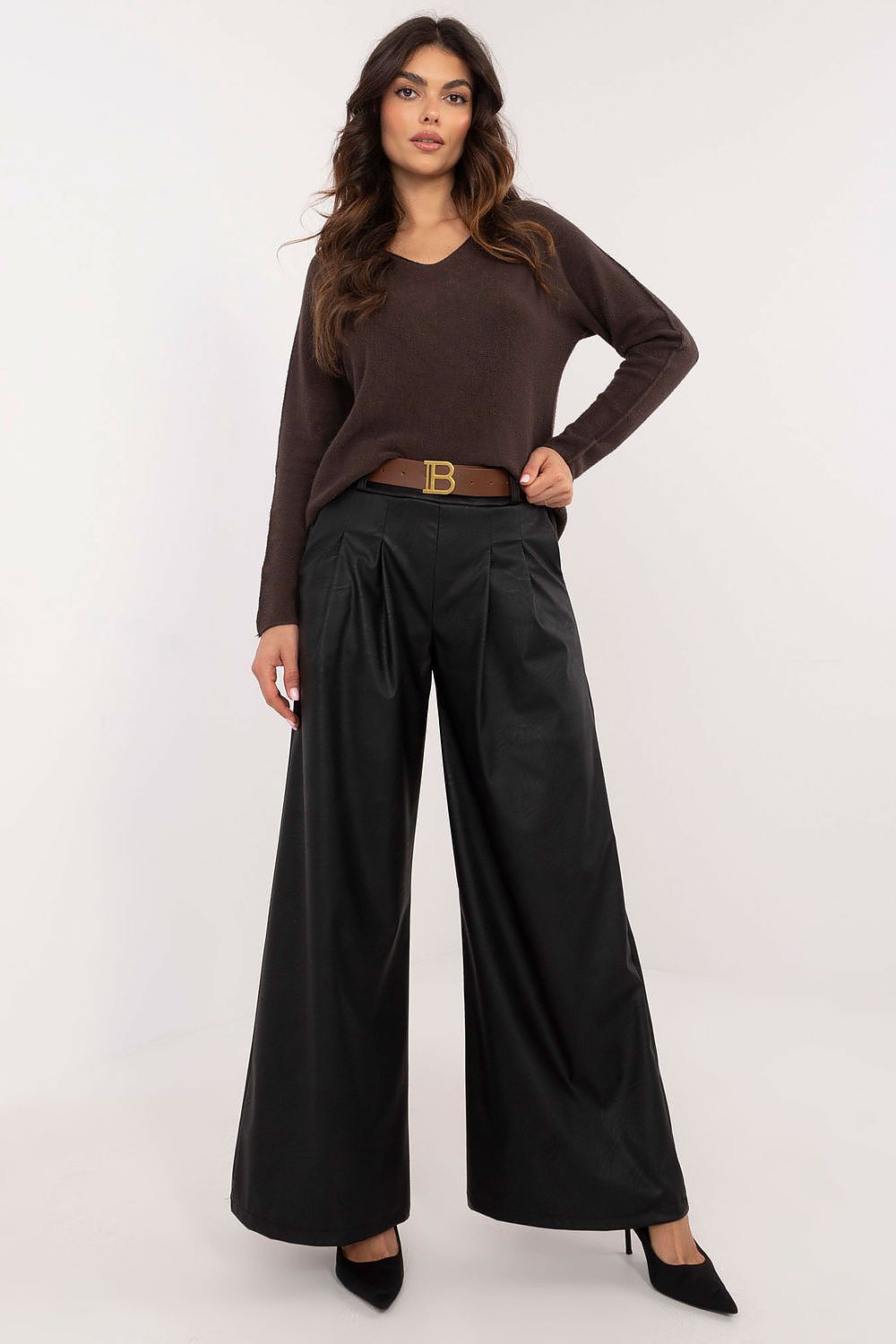 Luxury Eco Leather Wide Leg Trousers with Buckled Waistband for Women by Italy Moda, showcasing a high-rise fit and elegant minimalist design.