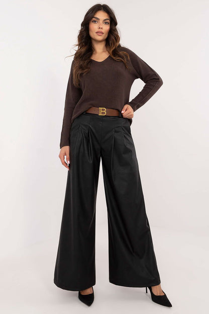 Luxury Eco Leather Wide Leg Trousers with Buckled Waistband for Women by Italy Moda, showcasing a high-rise fit and elegant minimalist design.