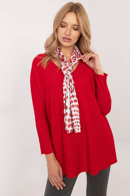 Elegant women's sweater with shiny thread and heart neckline, accompanied by a stylish scarf, designed by Italy Moda for a luxurious everyday and special occasion look.