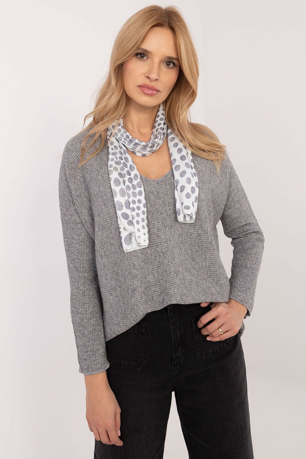 Full view of the Italy Moda women's sweater styled with an elegant scarf, designed for chic everyday wear and special occasions.