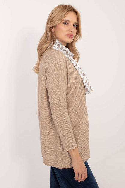 Complete outfit with Italy Moda's women's sweater and scarf, demonstrating versatile styling options for colder days.