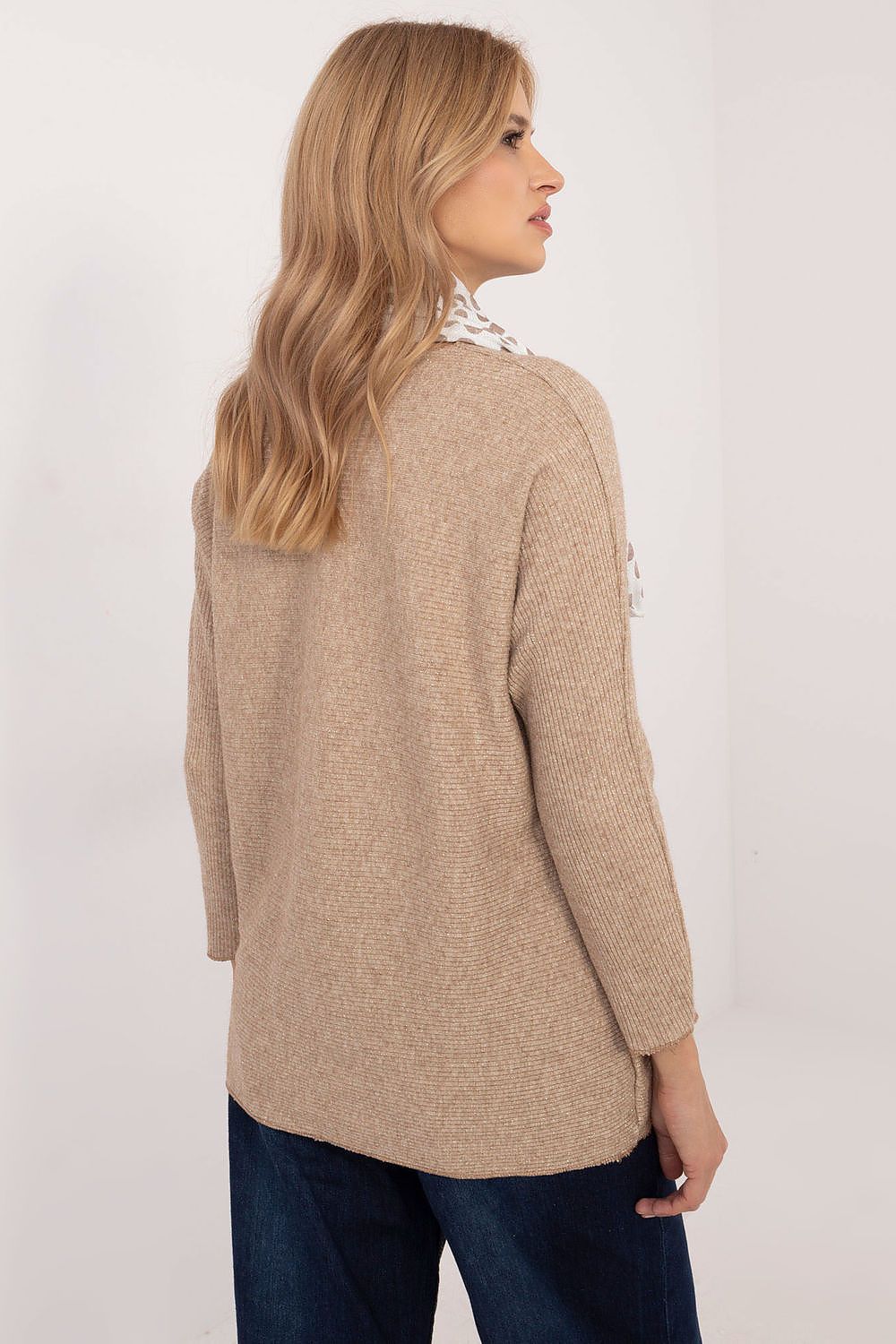 Elegant women's sweater by Italy Moda featuring shiny thread, heart neckline and scarf, perfect for chic styling and colder days.