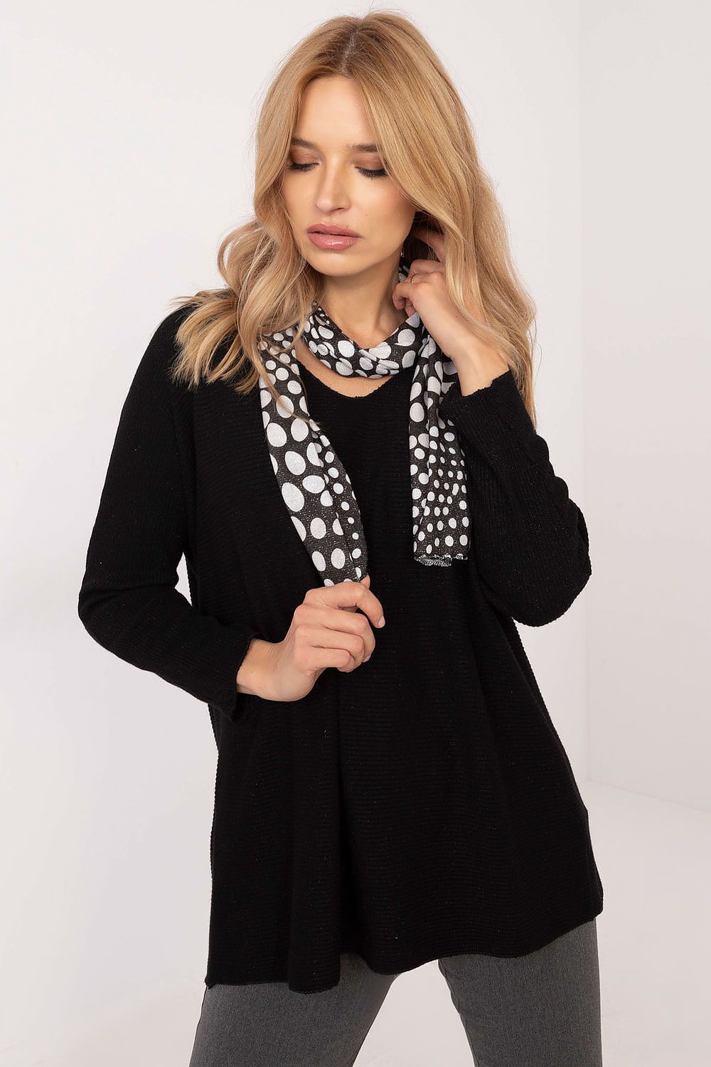 Full view of stylish women's sweater by Italy Moda, designed with a scarf and suitable for work and elegant occasions.