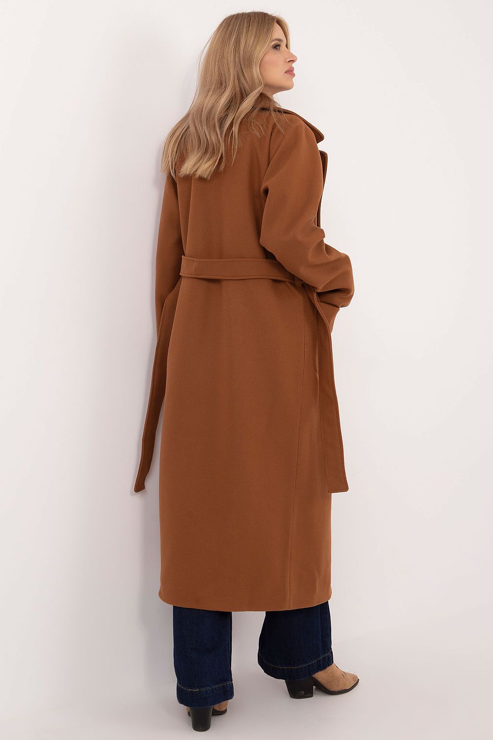 Stylish Lakerta Women's long coat worn open, highlighting the smooth lining and double-breasted button detailing ideal for formal occasions.
