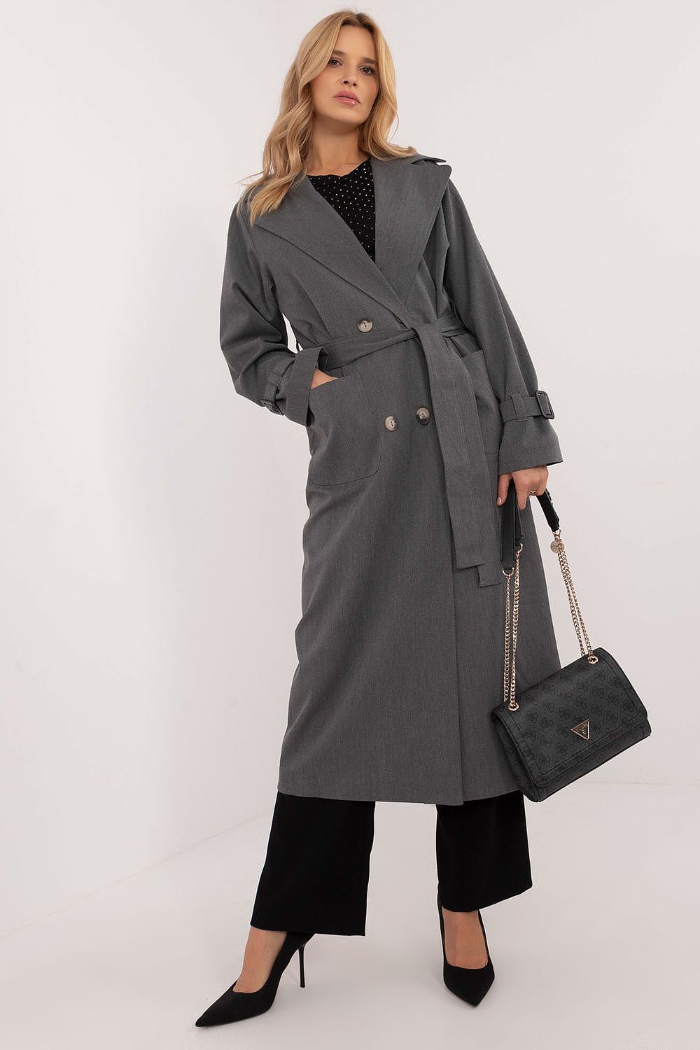 Elegant women's double-breasted trench coat by Lakerta in a luxurious cotton blend, calf-length for stylish everyday wear, featuring a waist tie belt and noticeable lapels, perfect for transitional seasons.