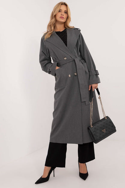 Elegant women's double-breasted trench coat by Lakerta in a luxurious cotton blend, calf-length for stylish everyday wear, featuring a waist tie belt and noticeable lapels, perfect for transitional seasons.