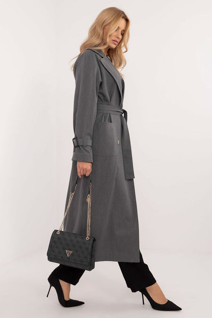 Elegant women's double-breasted trench coat in cotton blend by Lakerta, showcasing a stylish transitional design, perfect for autumn and winter outings.