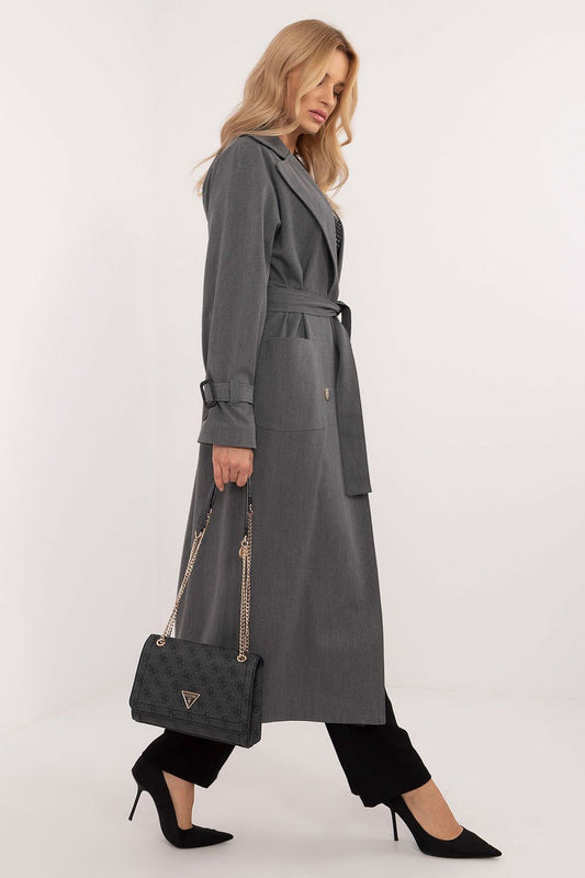 Elegant women's double-breasted trench coat in cotton blend by Lakerta, showcasing a stylish transitional design, perfect for autumn and winter outings.