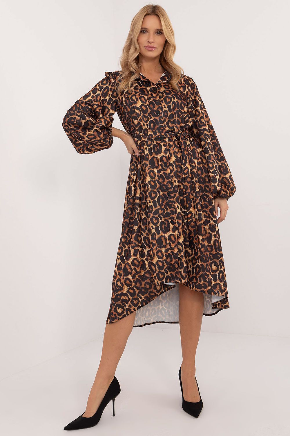 Luxurious midi length asymmetrical shirt dress in animal print by Lakerta, featuring a classic collar, long sleeves, and a stylish belt to accentuate the waist. Perfect for elegant everyday wear, showcasing a blend of comfort and fashion.
