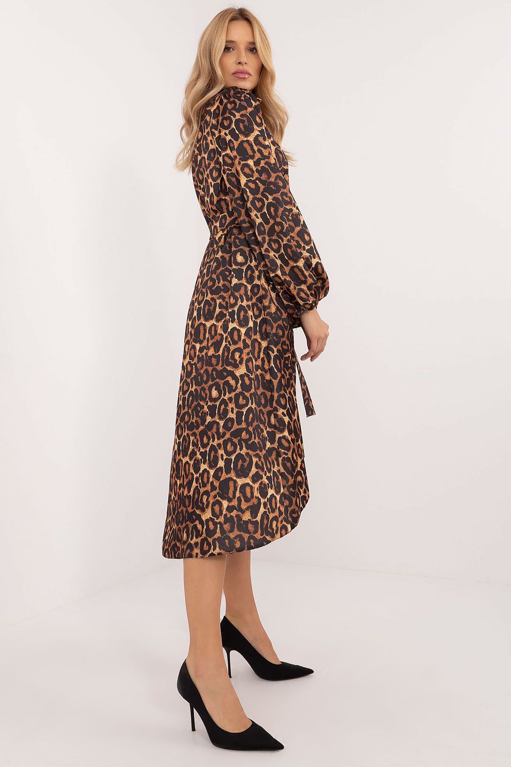 Luxurious midi length asymmetrical shirt dress in animal print by Lakerta, featuring elegant collar and button fastening, perfect for sophisticated everyday wear.