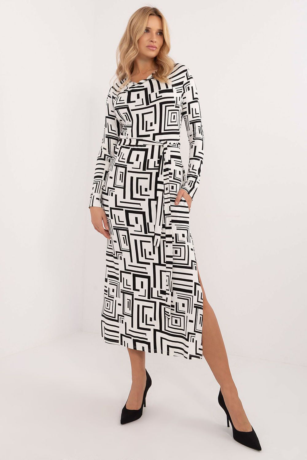 Elegant midi pencil dress with geometric pattern by Lakerta, featuring long sleeves and waist tie, ideal for everyday wear and special occasions.
