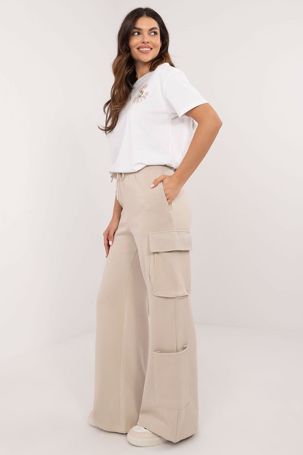 Stylish and comfortable wide-leg cargo sweatpants by Sublevel, crafted from premium lightweight fabric, perfect for a chic casual look, available in sizes S-XL.