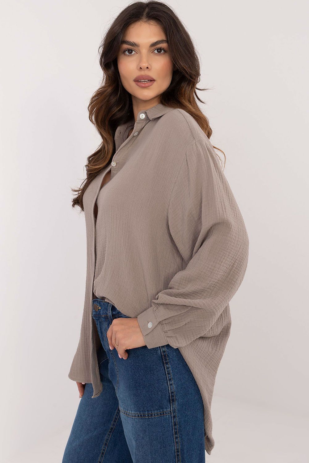 Elegant long sleeve casual shirt made of organic cotton by Sublevel, showcasing a unique variegated texture, perfect for stylish everyday wear.