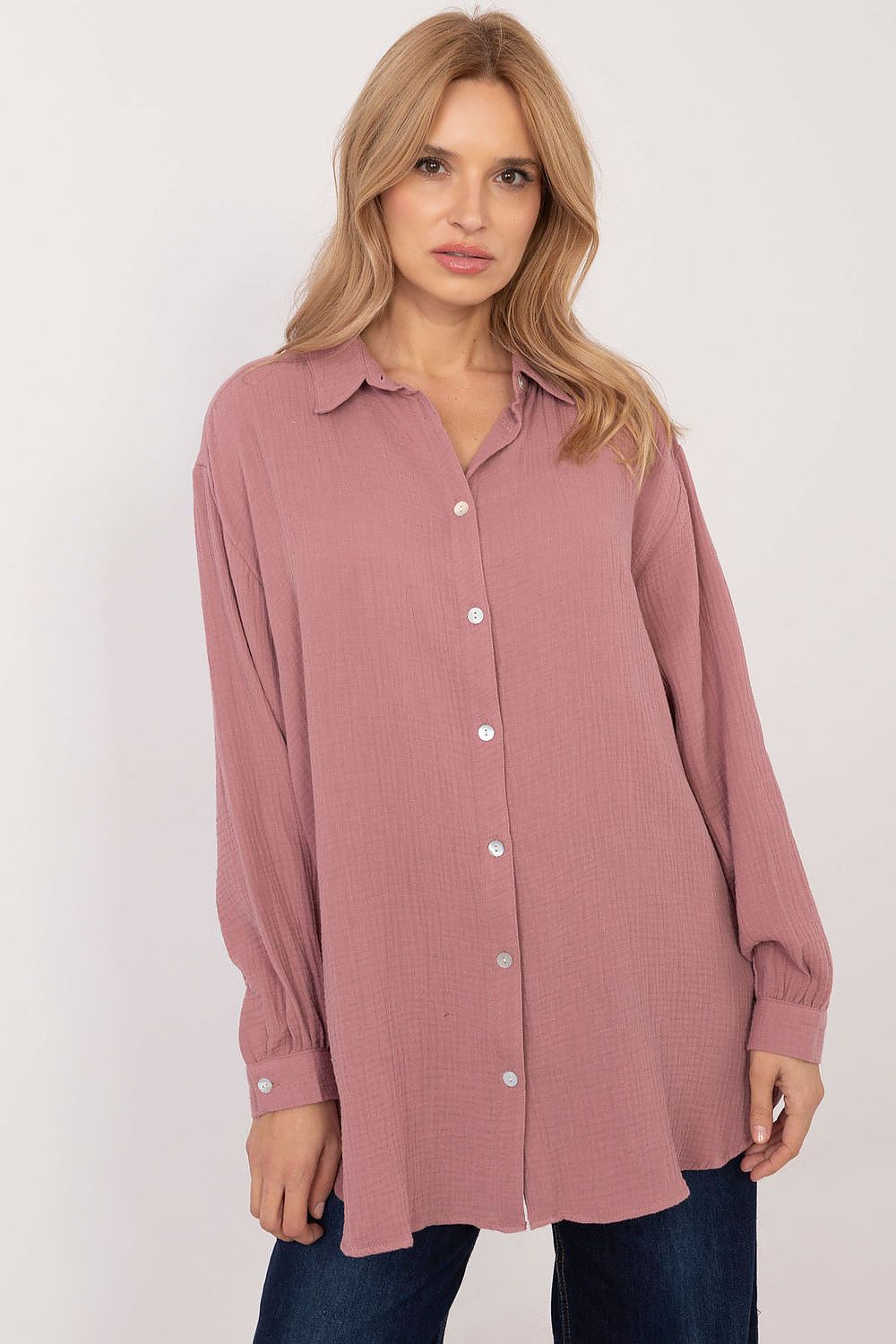 Full view of the casual women's shirt by Sublevel featuring buff sleeves and a delicate buffet accent, ideal for fashionable yet comfortable outfits.