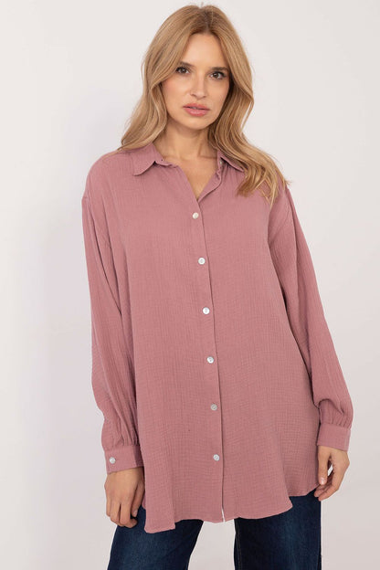 Full view of the casual women's shirt by Sublevel featuring buff sleeves and a delicate buffet accent, ideal for fashionable yet comfortable outfits.