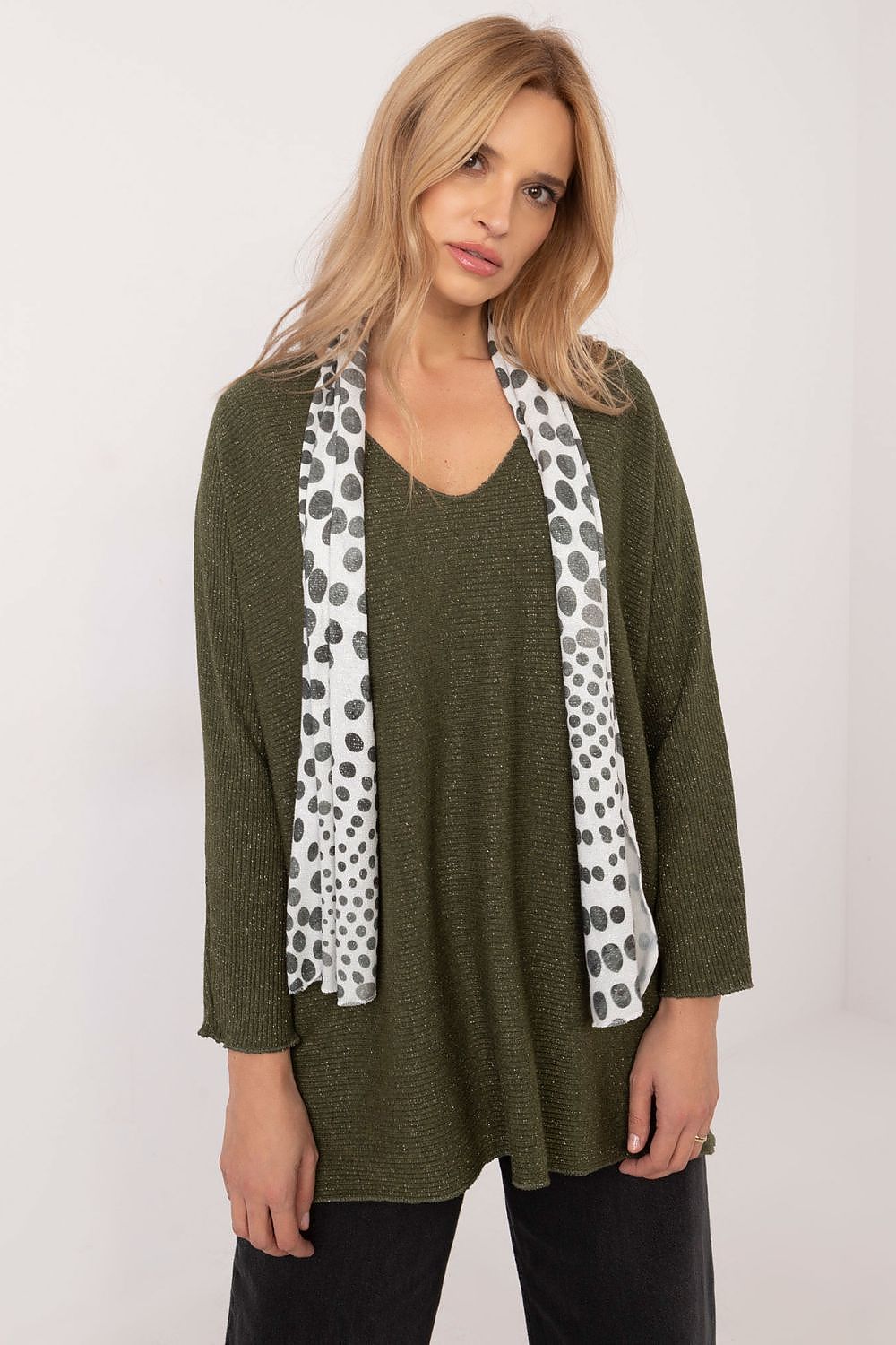 Stylish women's sweater with scarf by Italy Moda, designed with standard length and luxurious fabric for a classy yet casual outfit.