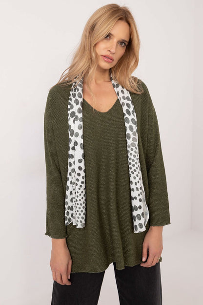 Stylish women's sweater with scarf by Italy Moda, designed with standard length and luxurious fabric for a classy yet casual outfit.