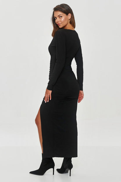 Stylish black evening dress by Makadamia featuring a V-neck, elegant ruching, and a daring front slit, perfect for sophisticated occasions.