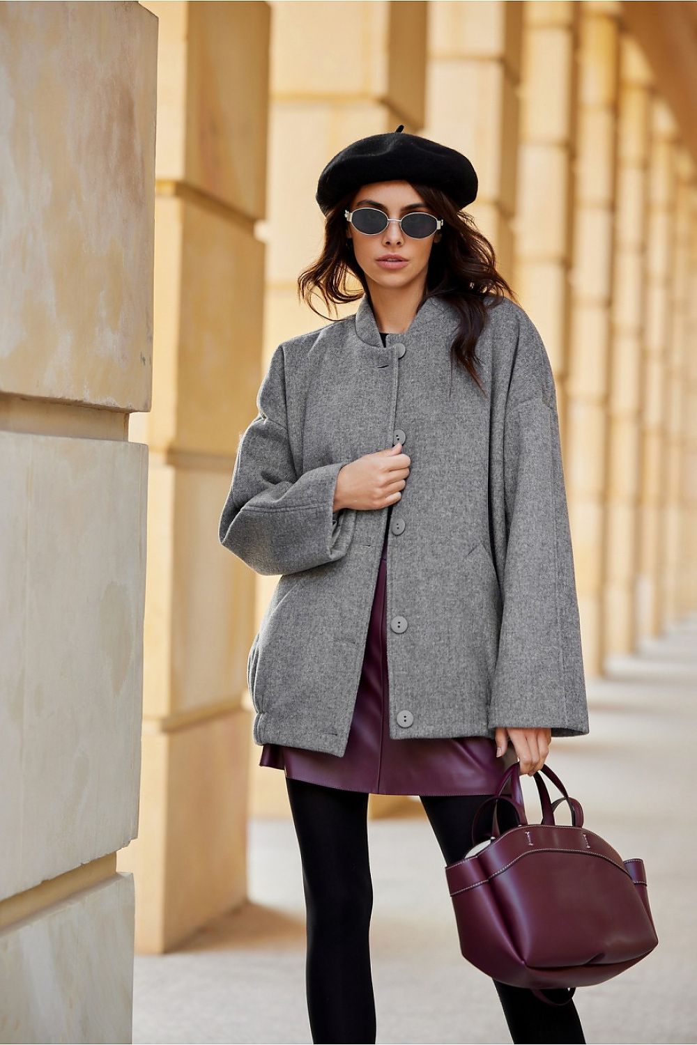 Elegant Roco Fashion Clea Jacket with Stand-Up Collar, showcasing unique stitching and a comfortable fit, perfect for stylish layering during colder months.