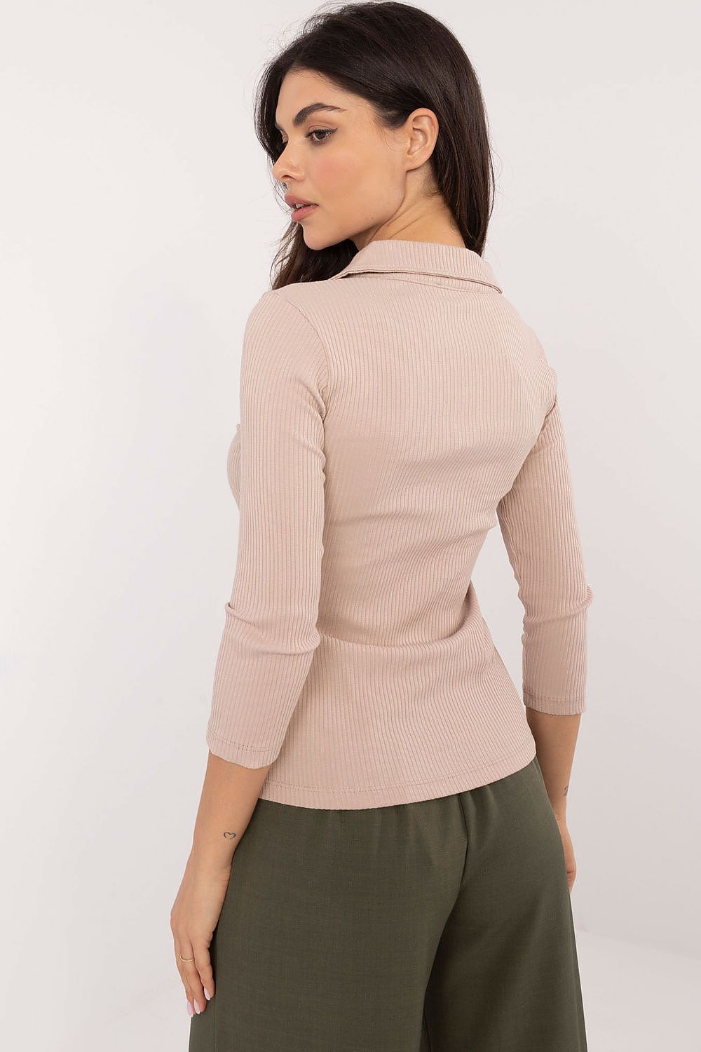 Full outfit styling of Relevance Women's Casual Ribbed Blouse paired with elegant trousers, demonstrating versatility and chic appeal for modern fashion.
