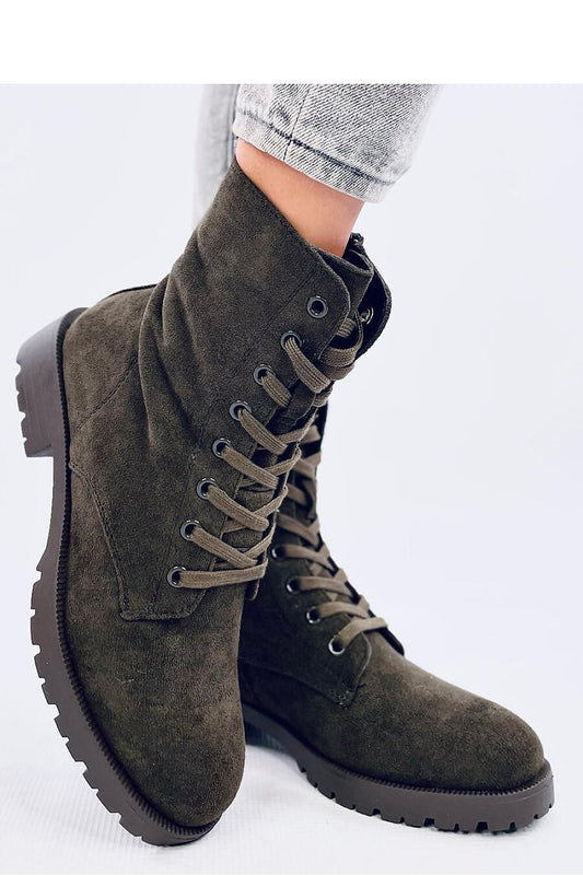 Elegant Inello women's eco-suede booties, designed with a practical side zipper and traditional lacing, providing a chic and cosy look for everyday wear.