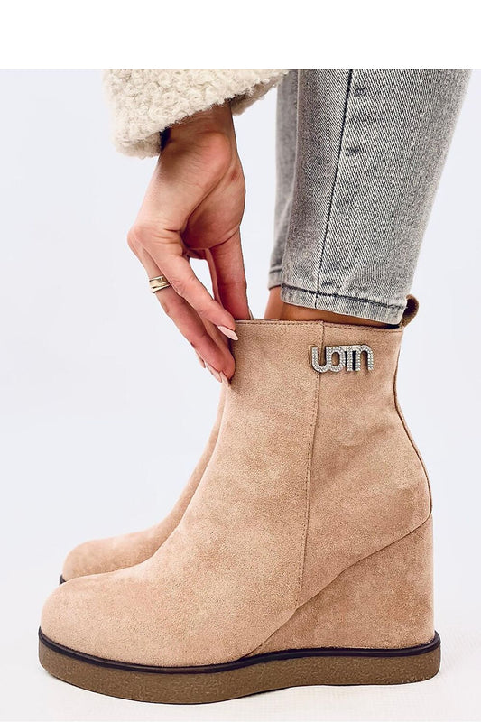 Elegant women's buskin boots with a 9 cm heel from Inello, featuring stylish zircon decoration and made from eco-suede with a warm fur lining.