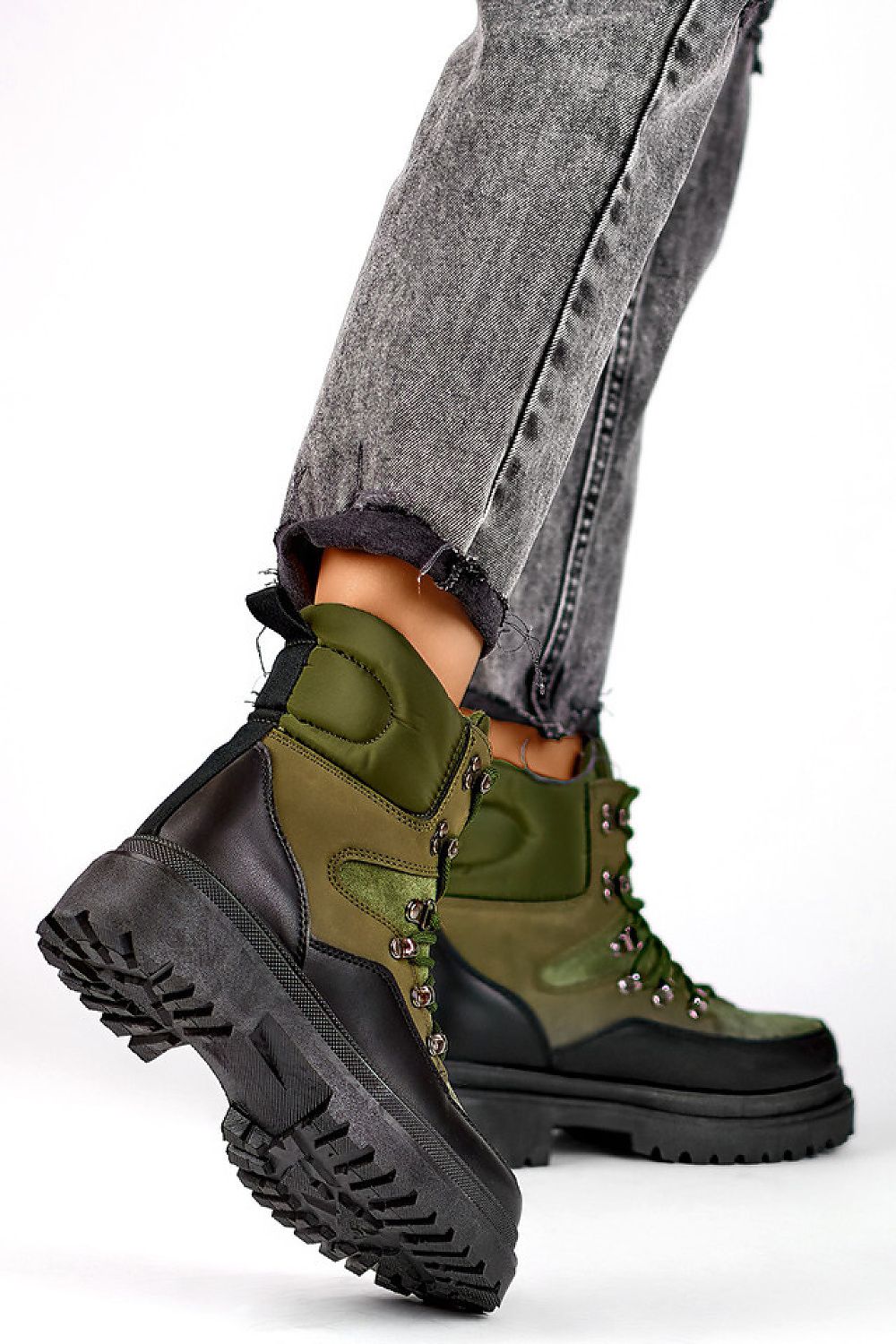 Stylish PRIMO Women's black and green trappers with durable synthetic materials, perfect for cold weather, showcasing a classic round toe and lace-up front.