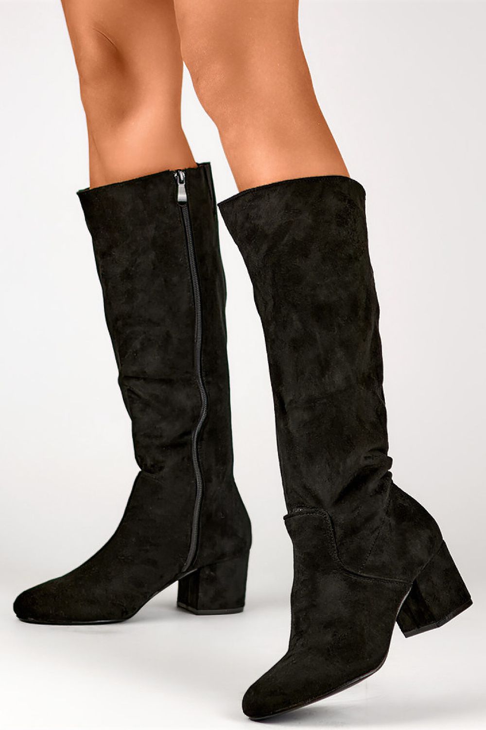 Sophisticated black eco-friendly suede heel boots for women by PRIMO, featuring a 6cm stiletto heel and 37cm upper height, perfect for winter elegance and comfort.