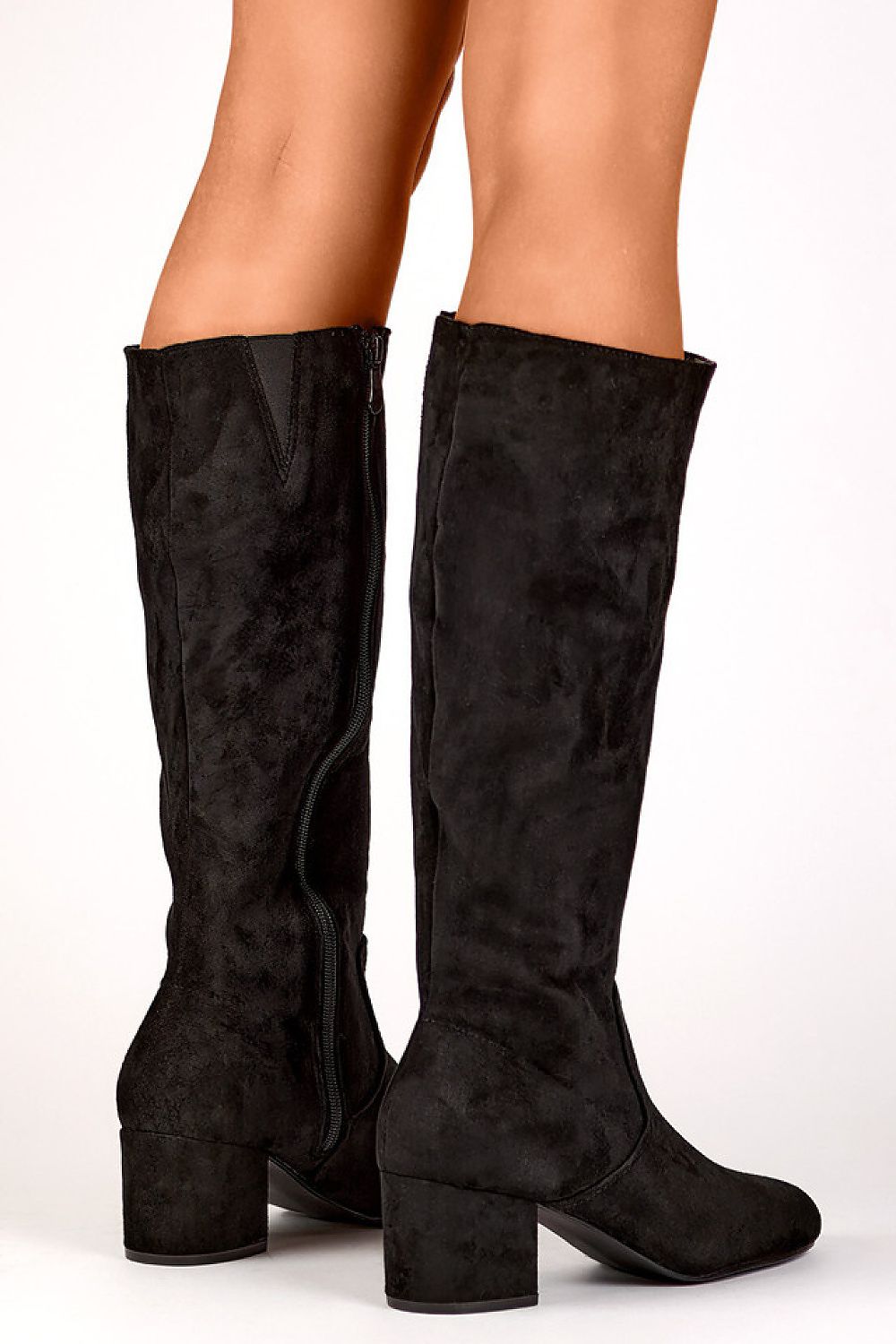 PRIMO elegant black eco-friendly suede heel boots for women featuring a 6cm stiletto heel and 37cm upper, perfect for winter comfort and style.