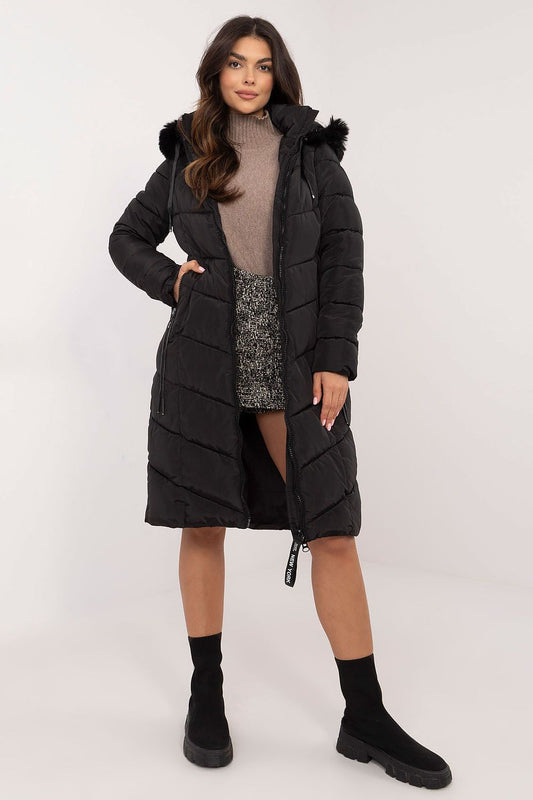Elegant long knee-length down jacket with detachable hood and fur by Factory Price, perfect for autumn and winter outfits.