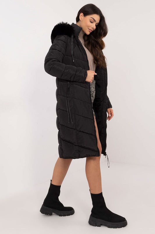 Luxurious quilted down jacket featuring a detachable hood, fur trim, and zippered pockets, designed for stylish winter wear by Factory Price.
