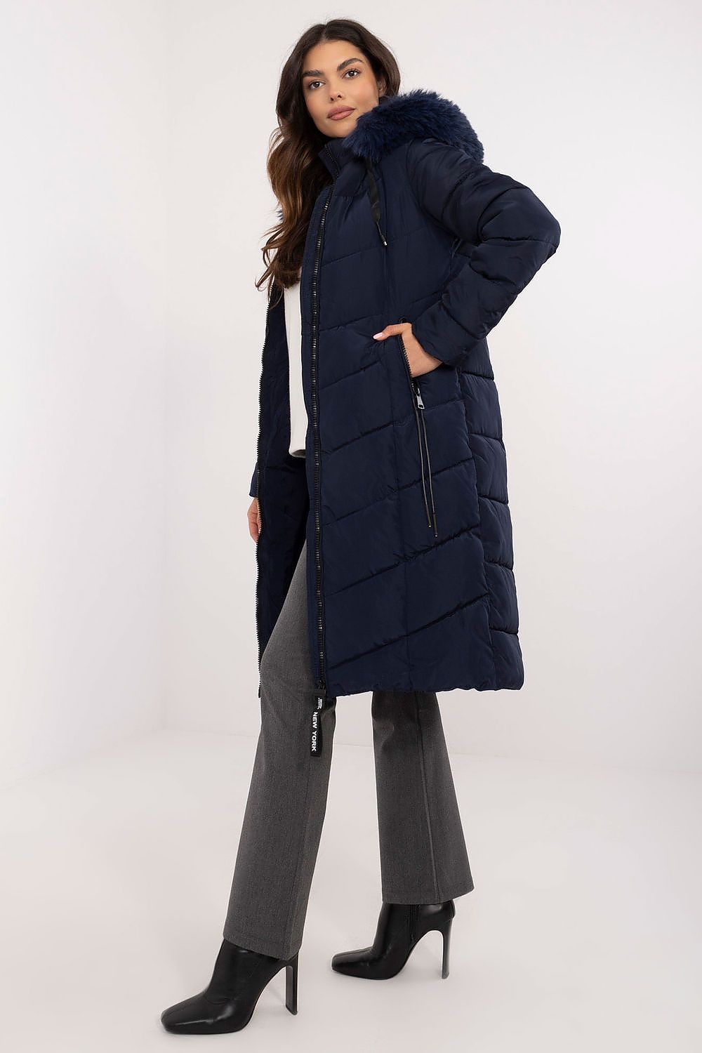 Elegant long knee-length down jacket by Factory Price featuring a detachable hood with fur, perfect for autumn and winter wear.