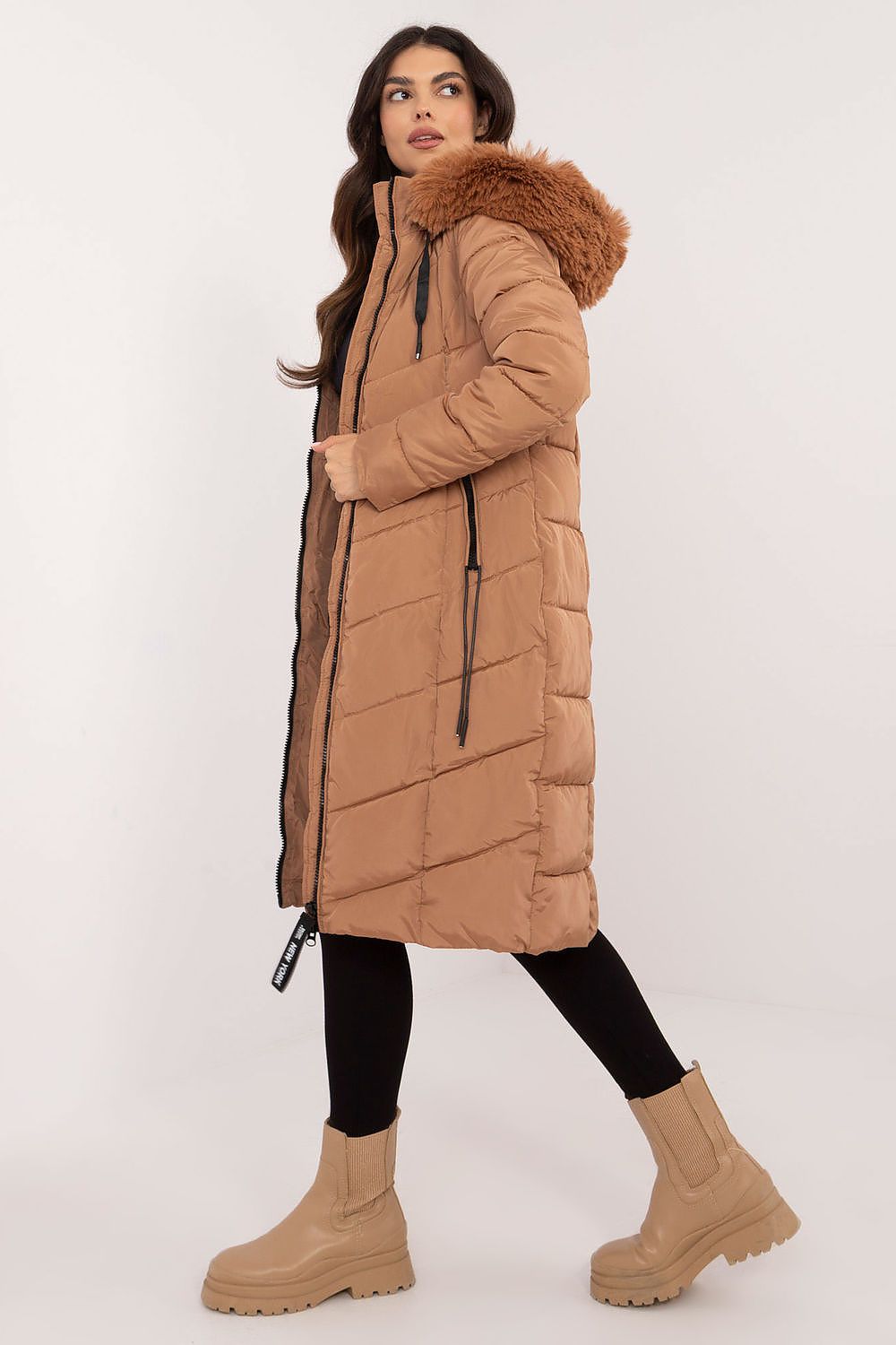 Chic long down jacket from Factory Price with detachable fur hood, designed for both casual and professional settings.
