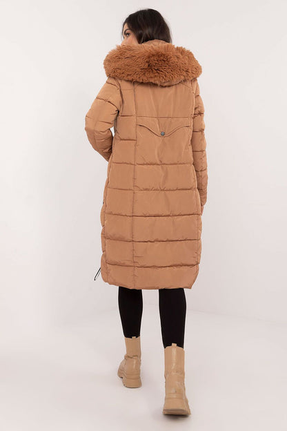 Elegant knee-length down jacket with a detachable hood and luxurious fur trim by Factory Price, perfect for autumn and winter style.