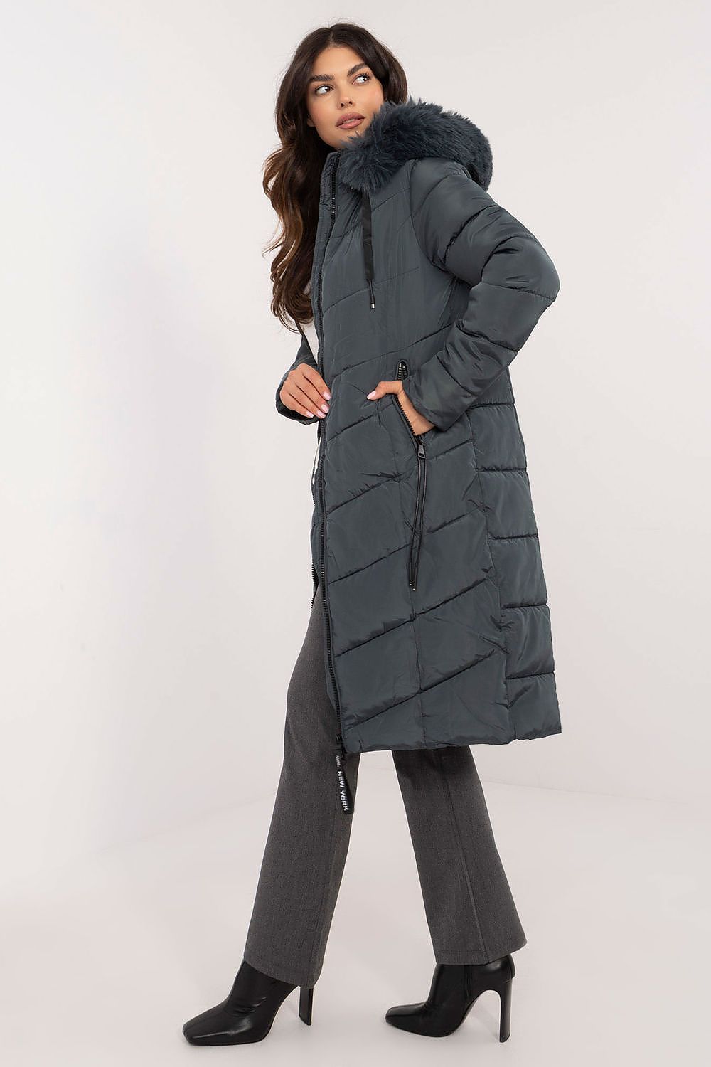 Stylish and warm knee-length down jacket featuring a smooth pattern and detachable fur hood by Factory Price, ideal for winter elegance.