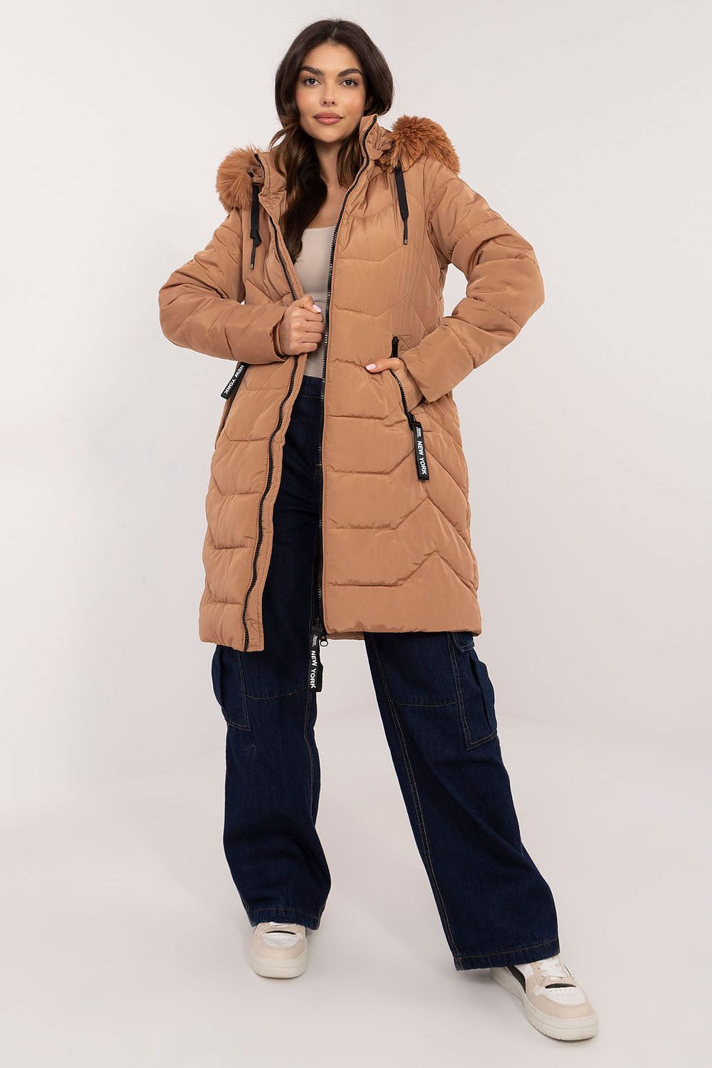 Chic and modern women's down jacket ideal for chilly seasons, with detachable fur hood by Factory Price.