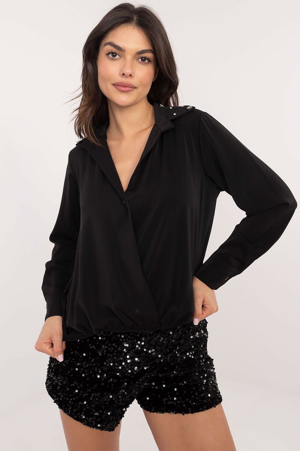 Elegant long sleeve women's shirt by Italy Moda featuring a delicate collar and zircon accents, perfect for formal and office wear.