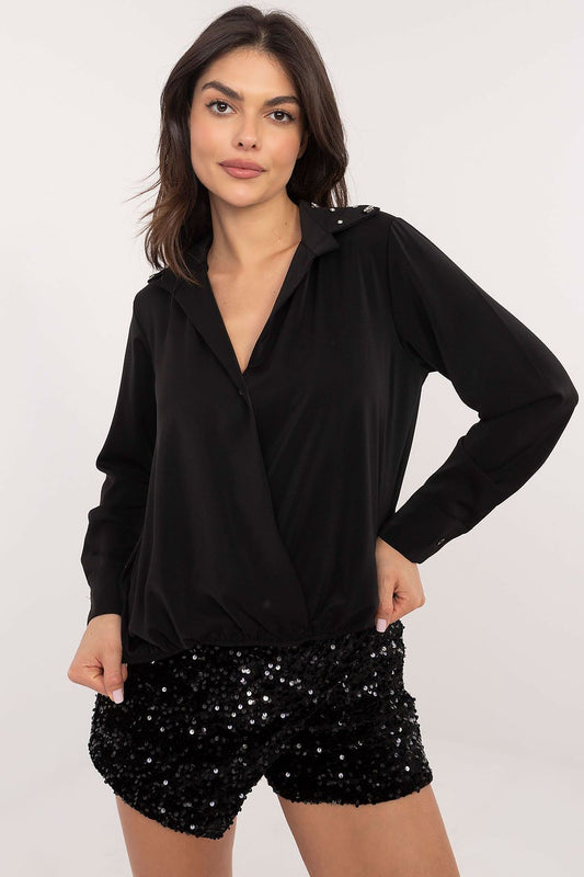 Elegant long sleeve women's shirt by Italy Moda featuring a delicate collar and zircon accents, perfect for formal and office wear.