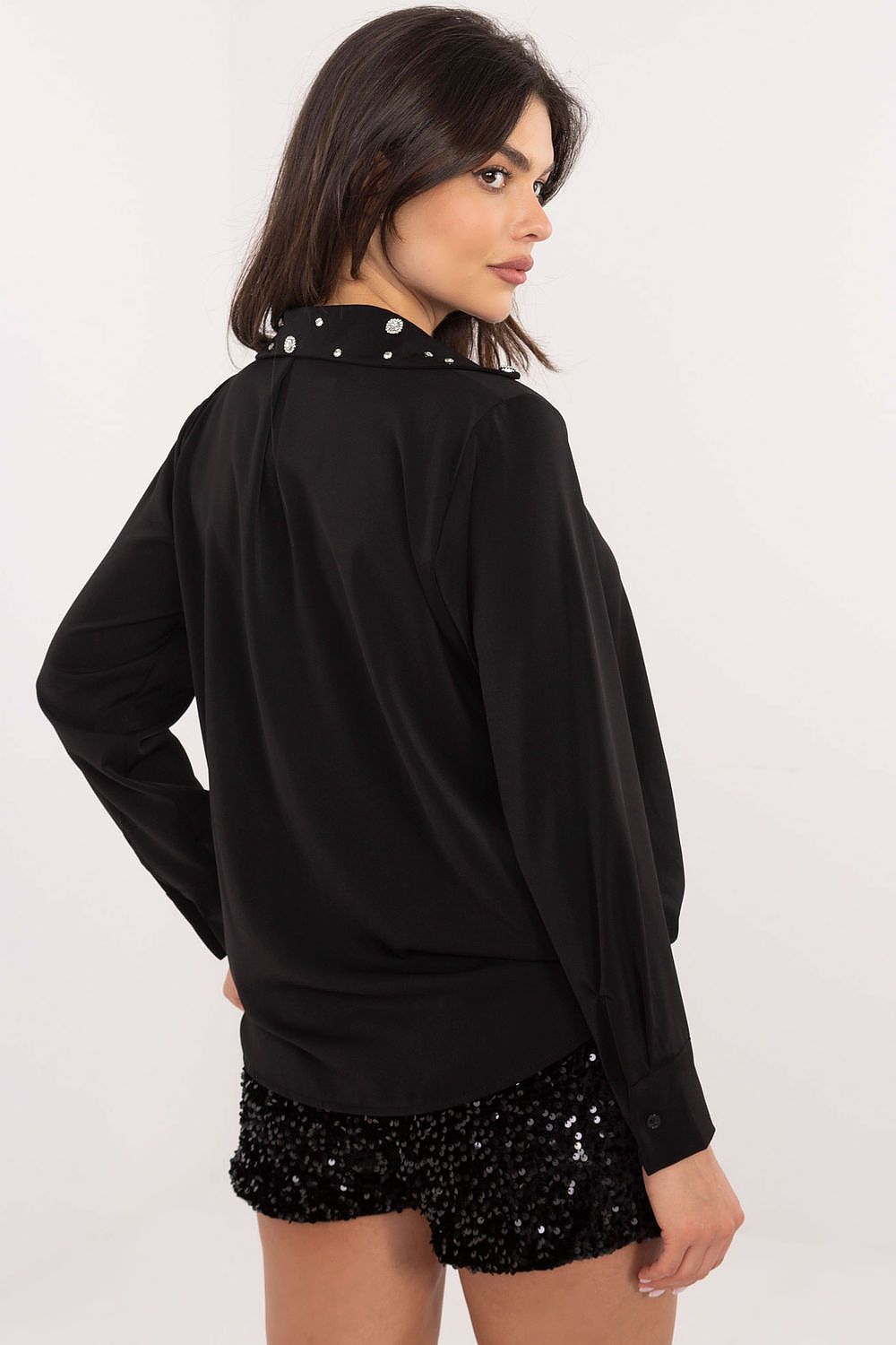Italy Moda women's shirt with smooth texture and a classic cut, adorned with subtle zircon detailing for added sophistication.
