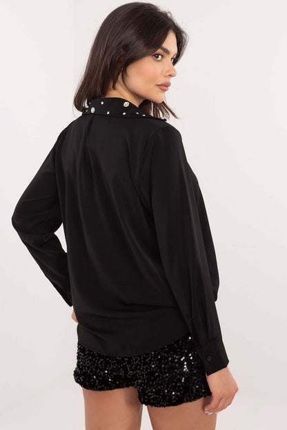 Italy Moda women's shirt with smooth texture and a classic cut, adorned with subtle zircon detailing for added sophistication.