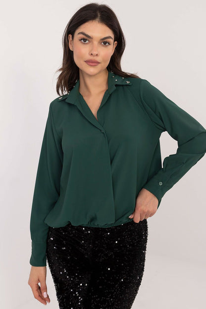 Chic long sleeve shirt by Italy Moda, designed for elegance with a delicate collar and unique zircon embellishments.