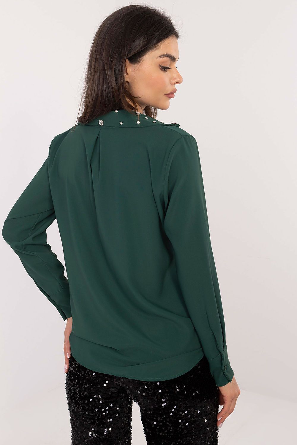 Elegant long sleeve women's shirt by Italy Moda featuring a delicate collar adorned with zircon accents, perfect for sophisticated office wear and formal occasions.
